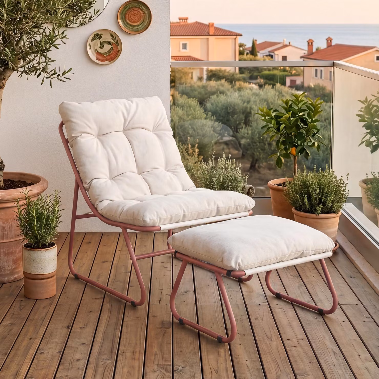 Set di mobili da giardino "Malmö", composto da: - 2 poltrone - Poggiapiedi - Cuscini imbottiti - Struttura in metallo - Colore: terracotta/beige