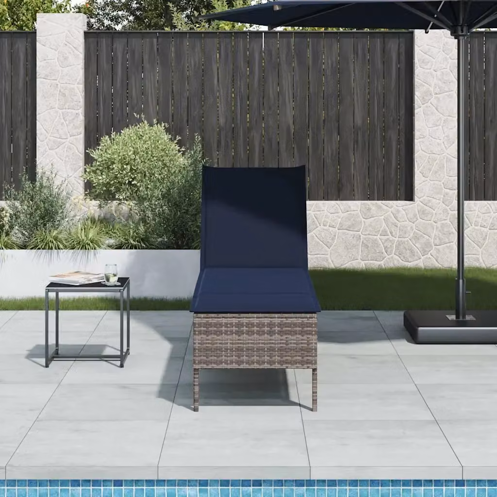 Lettino prendisole da giardino in polyrattan con cuscino grigio e blu, L/P/H: 200 x 55 x 44 cm – 2