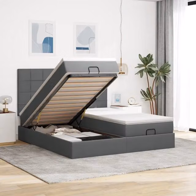 Letto con contenitore a sollevamento vidaXL in tessuto con porta USB e illuminazione sottostante, L/P/H: 203 x 160 x 128 cm, Grigio e Bianco