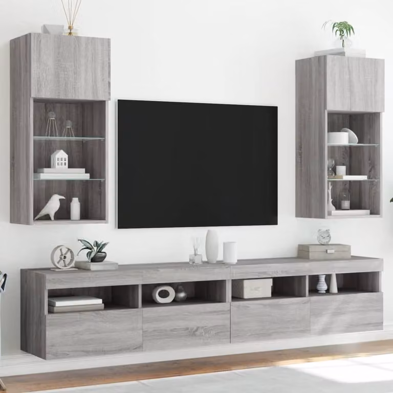 Set di 2 mobili TV moderni vidaXL con luci LED integrate, colore grigio, da appendere alla parete, L 40,5 cm x P 30 cm x H 90 cm
