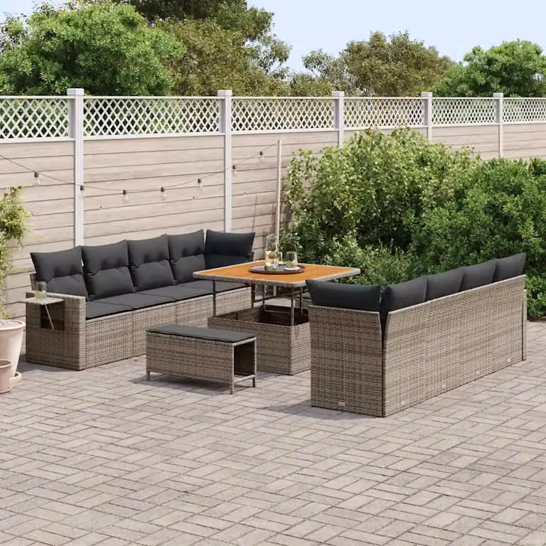 Set Divano da Giardino a L vidaXL in Polyrattan Grigio con 11 Pezzi e Cuscini inclusi
