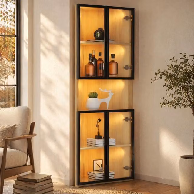 Vetrina angolare in vetro con LED, finitura rovere, 62x32x160 cm