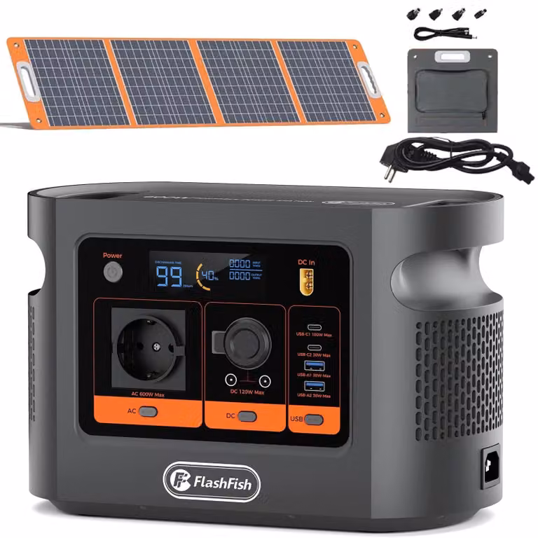 Centralina portatile con pannello solare - Modello E106B - 600 W - 384 Wh - Pannello solare da 100 W - Batteria LiFePO4 - Onda sinusoidale pura - Presa di corrente europea
