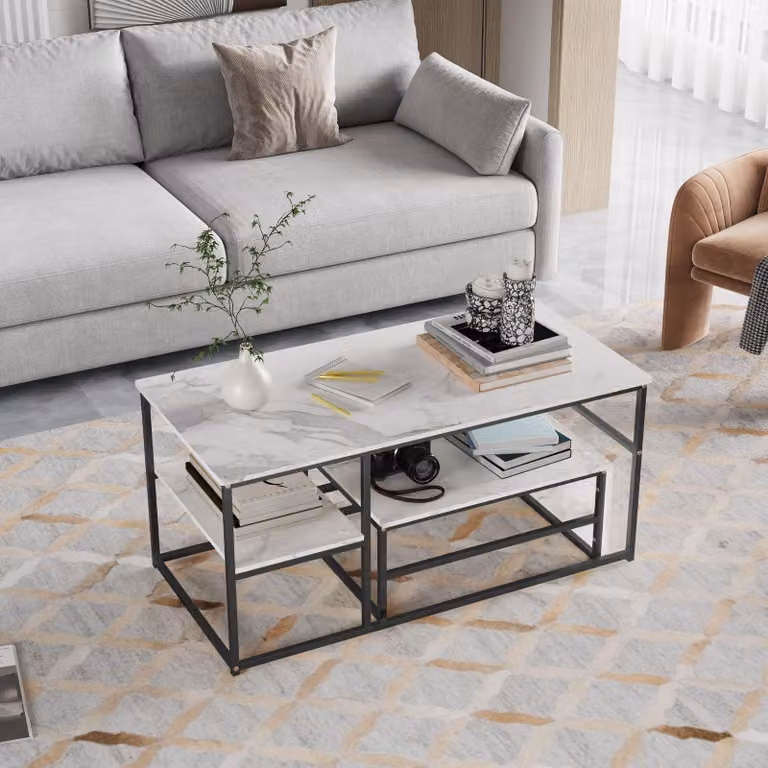 Set di 2 tavolini da salotto - Effetto marmo e struttura - Bianco e nero