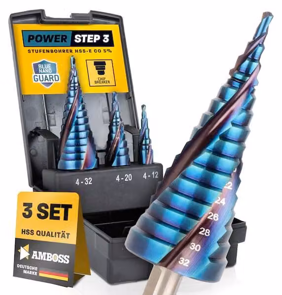 Set di punte a gradini AMBOSS HSS-E Co 5% da 3 pezzi: 4-12, 4-20, 4-32 mm con rivestimento TiAlSiN nano blu e 3 taglienti