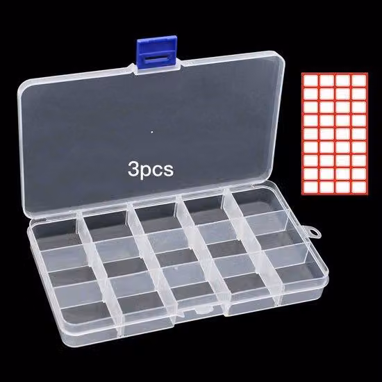 Ibenzoa® Set di 3 contenitori trasparenti in PP con 15 scomparti regolabili – 17×9,6×2,1 cm, con ganci e 36 etichette, ideali per gioielli e piccoli oggetti