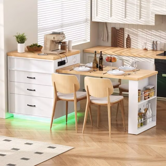 Carrello da cucina con tavolo allungabile, cassetti, ripiani aperti e LED per cucina e sala da pranzo 125.5×71×93 cm