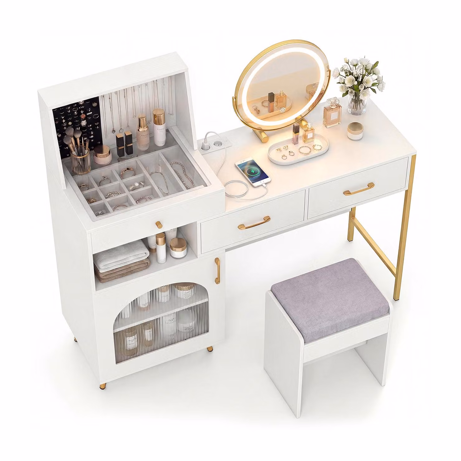 Tavolino da toilette COSTWAY con sgabello, specchio LED e prese, tavolino da toilette con 120 anelli e 10 ganci per collane 136x43x127,5 cm