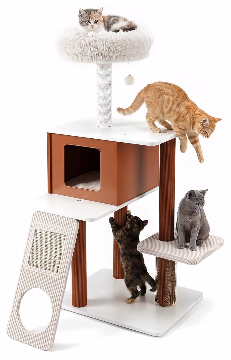 COSTWAY, albero per gatti da 130 cm, design moderno, con palo da graffio, palo con spazzole, tappetino in sisal, nascondiglio, area relax e cuccia, mobile stabile per gatti, colore bianco