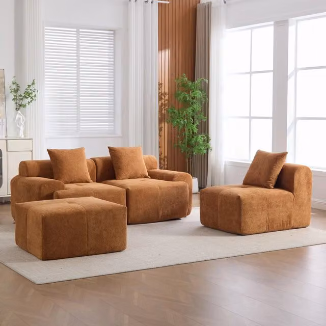 Divano Angolare Modulare con Poggiapiedi ¨C MINIMAL ¨C 3 Posti, Arancione, Memory Foam, 268x102x78 cm