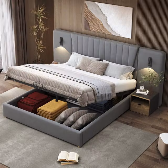 Letto imbottito 180 x 200 cm con schienale extra lungo, lampada da lettura orientabile, porta USB, contenitore idraulico, velluto, Grigio