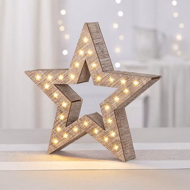 Stella decorativa in legno con luci LED, 30 LED a luce calda, dimensioni 30x29,5x5,3 cm, stile vintage