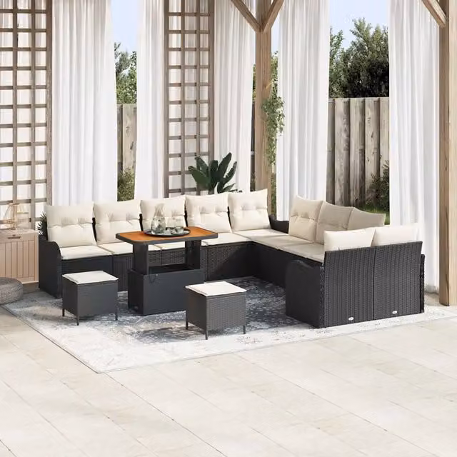 Set Divano da Giardino a Forma di U vidaXL in Polyrattan Nero e Beige con 13 Pezzi e Cuscini Inclusi – 1
