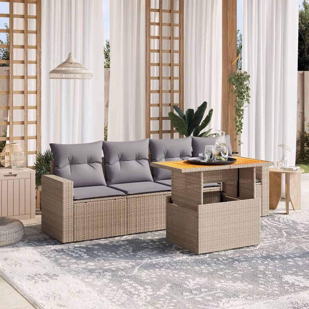 vidaXL Set Divano da Giardino 5 pz Moderno con Cuscini Beige e Tavolino in Legno di Acacia e Metallo – 1