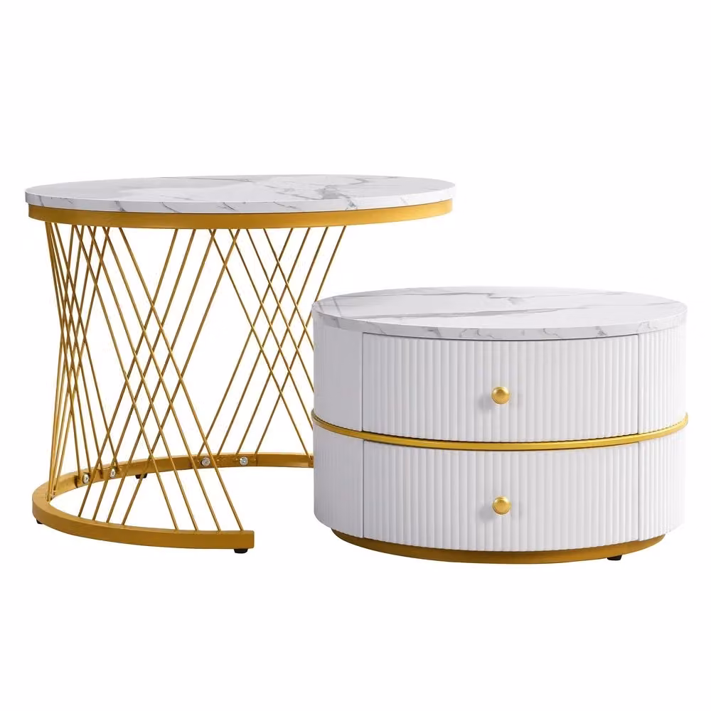 Set di 2 Tavolini da Caffè Minimal con Cassetti in Bianco Effetto Marmo Lucido, L/P/H: 60 x 60 x 46 cm e 50 x 50 x 30.8 cm – 2