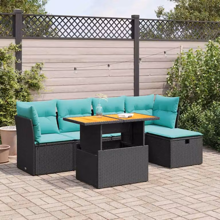 Set Divano da Giardino vidaXL 6 pz in Polyrattan e Legno di Acacia con Cuscini, Colore Nero, Blu e Turchese