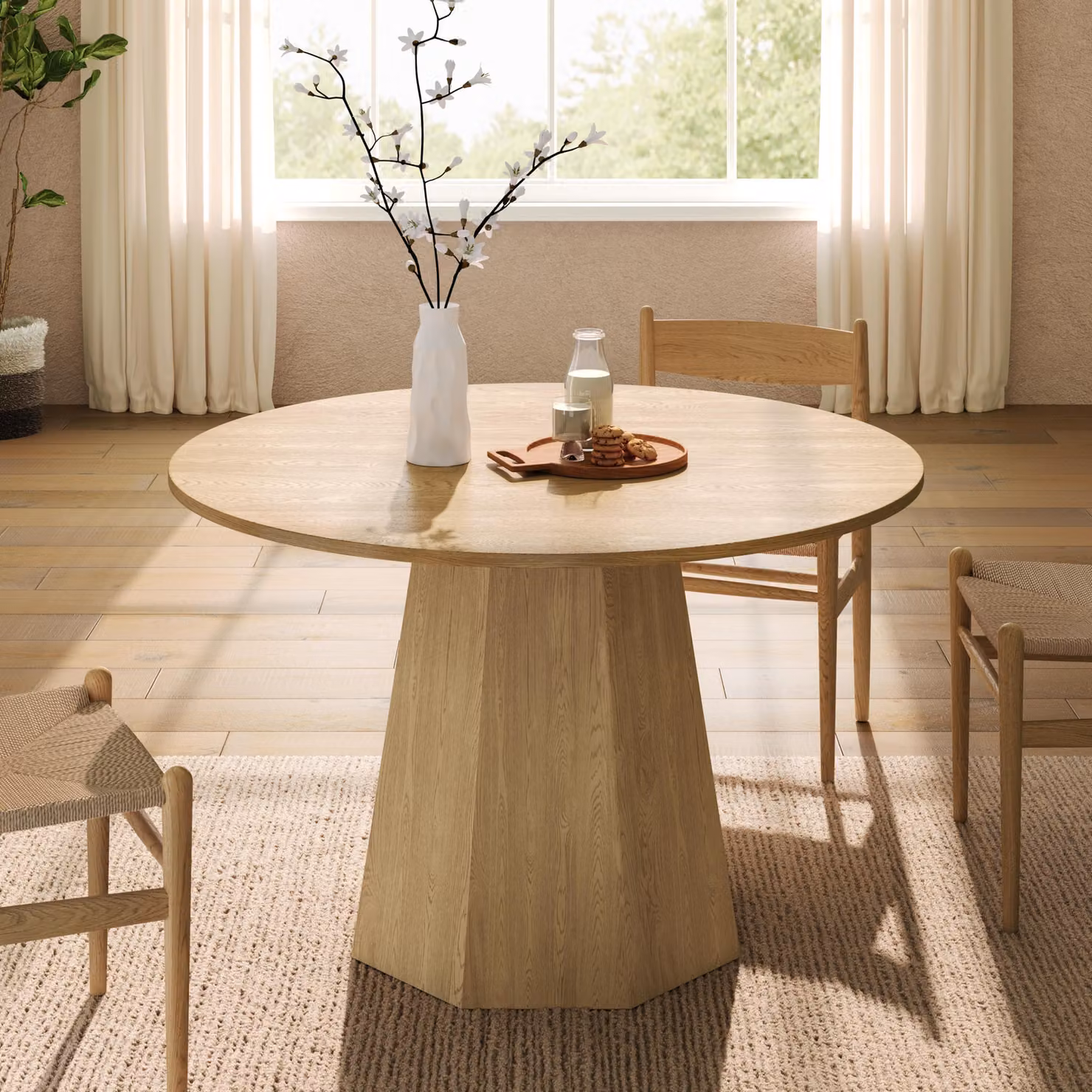 Tavolo da pranzo rotondo Flieks, stile minimalista scandinavo, adatto per 4-6 persone, tavolo da pranzo, tavolo da cucina 120x120x75 cm, color rovere