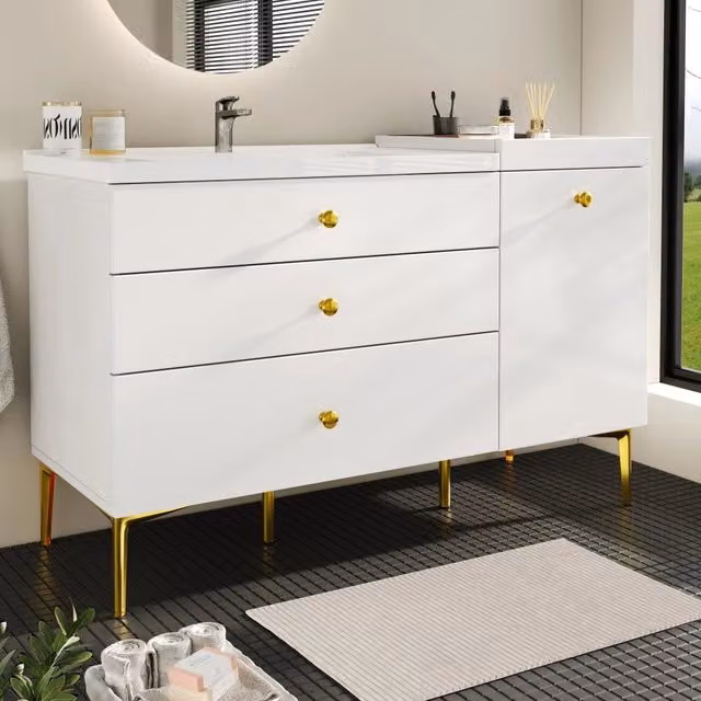 Mobile Bagno con Lavabo in Ceramica ¨C MINIMAL ¨C Bianco/Oro, Cassetti, Sottolavabo