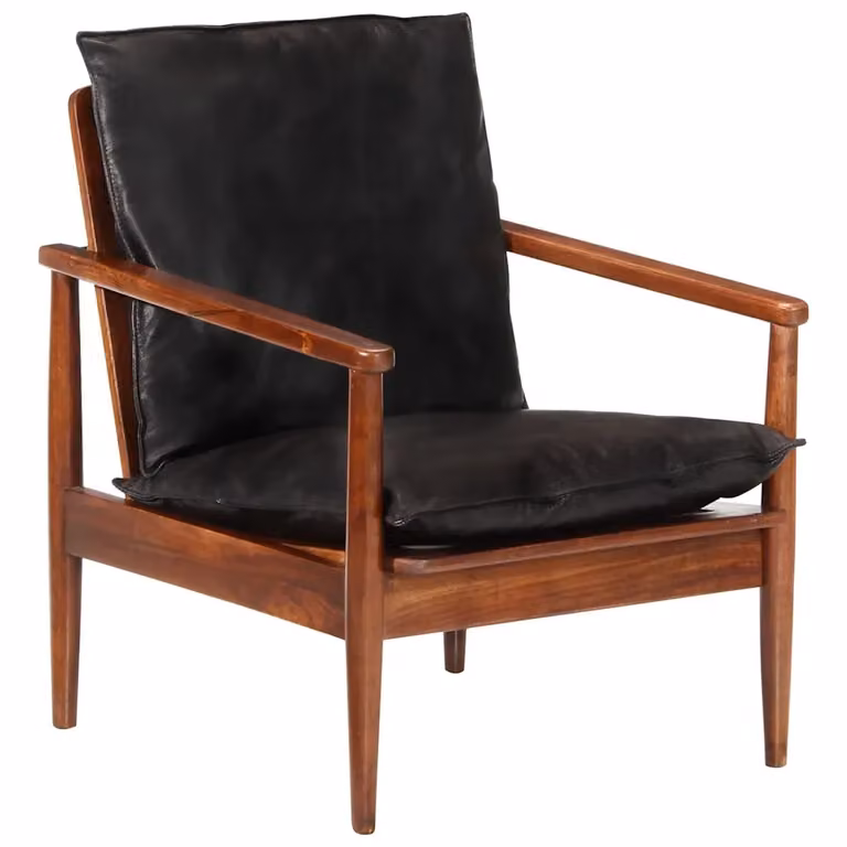 Poltrona retro nera in vera pelle e legno massello di acacia vidaXL L: 72 cm, P: 65 cm, H: 52 cm