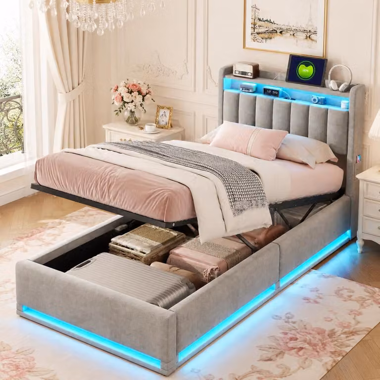 Letto imbottito INONEFT 90x200 cm con sistema di sollevamento idraulico e spazio contenitore, letto a molle con LED e porta USB di tipo C, letto matrimoniale per giovani con rete a doghe e contenitore, rivestito in velluto grigio