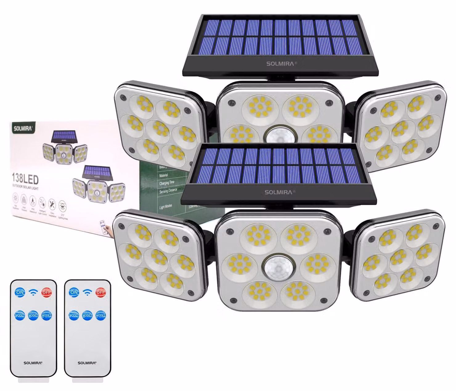 Set di 2 luci solari da giardino, 138 LED, angolo di illuminazione 270°, 3 modalità