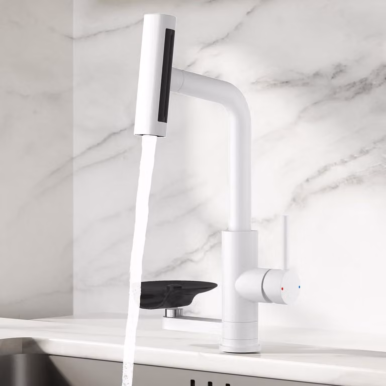 Miscelatore da cucina girevole a 360°, estensibile, con doccetta, in acciaio inossidabile 304, bianco, con 4 tipi di getto e funzione lavastoviglie