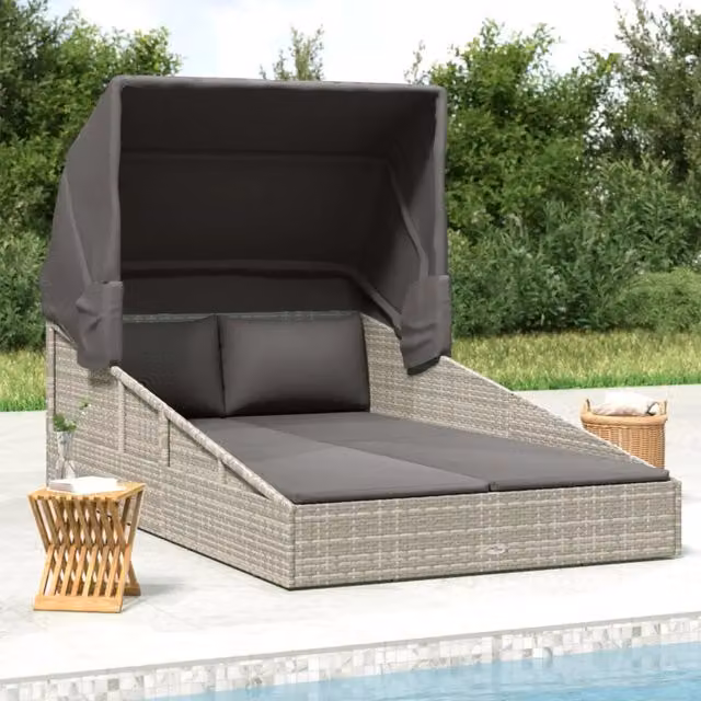 Lettino con Tetto Pieghevole Grigio 200x114x128 cm Polyrattan 362274