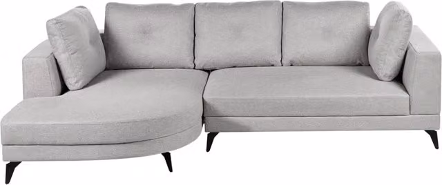 Divano angolare moderno BELIANI con bracciolo destro, rivestimento in tessuto grigio e struttura in metallo nero, completo di cuscini decorativi. L/P/H: 262 x 151 x 88 cm