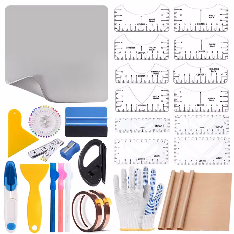 Kit di strumenti per cucito, contenente righelli, fogli di teflon e accessori