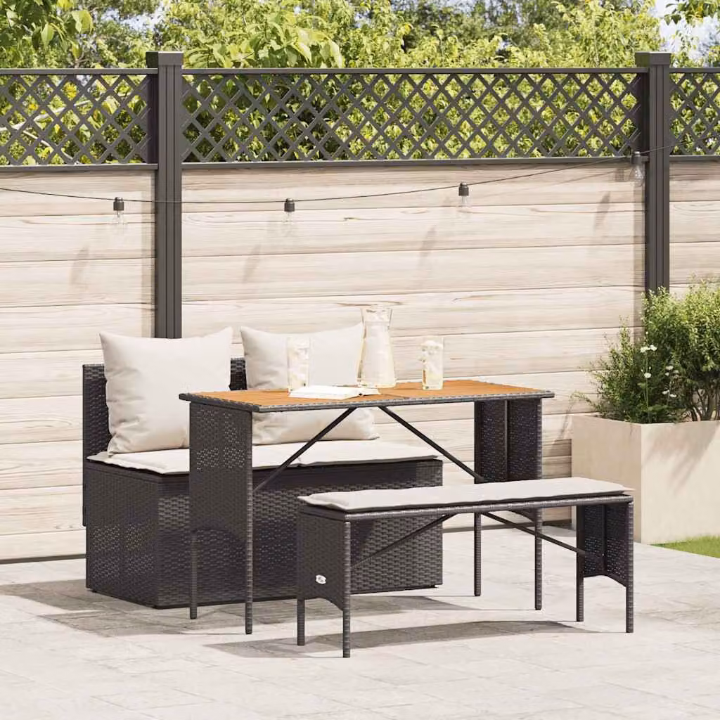 Set da pranzo da giardino vidaXL in polyrattan e legno di acacia nero e bianco con 3 pezzi e cuscini