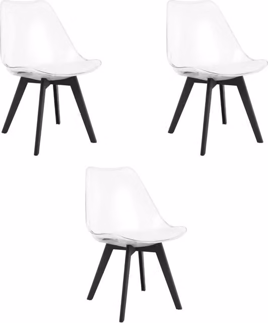 Set di 3 sedie moderne Valora in plastica trasparente con gambe in legno di faggio bianco e nero per cucina e soggiorno