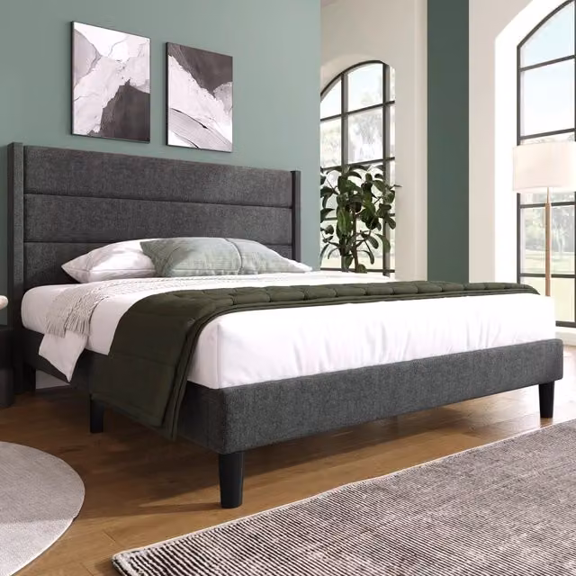 Letto imbottito WISHDOR con rete a doghe fisse e testiera in tessuto grigio, design moderno, L 140 x P 200 cm
