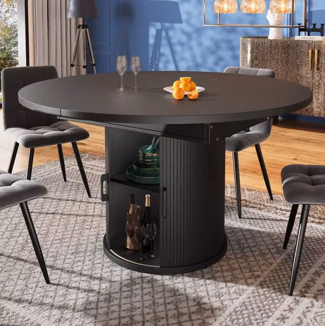 Tavolo da pranzo estensibile ULEVR 118-158x118 cm con vano contenitore e 6 piedini regolabili, nero