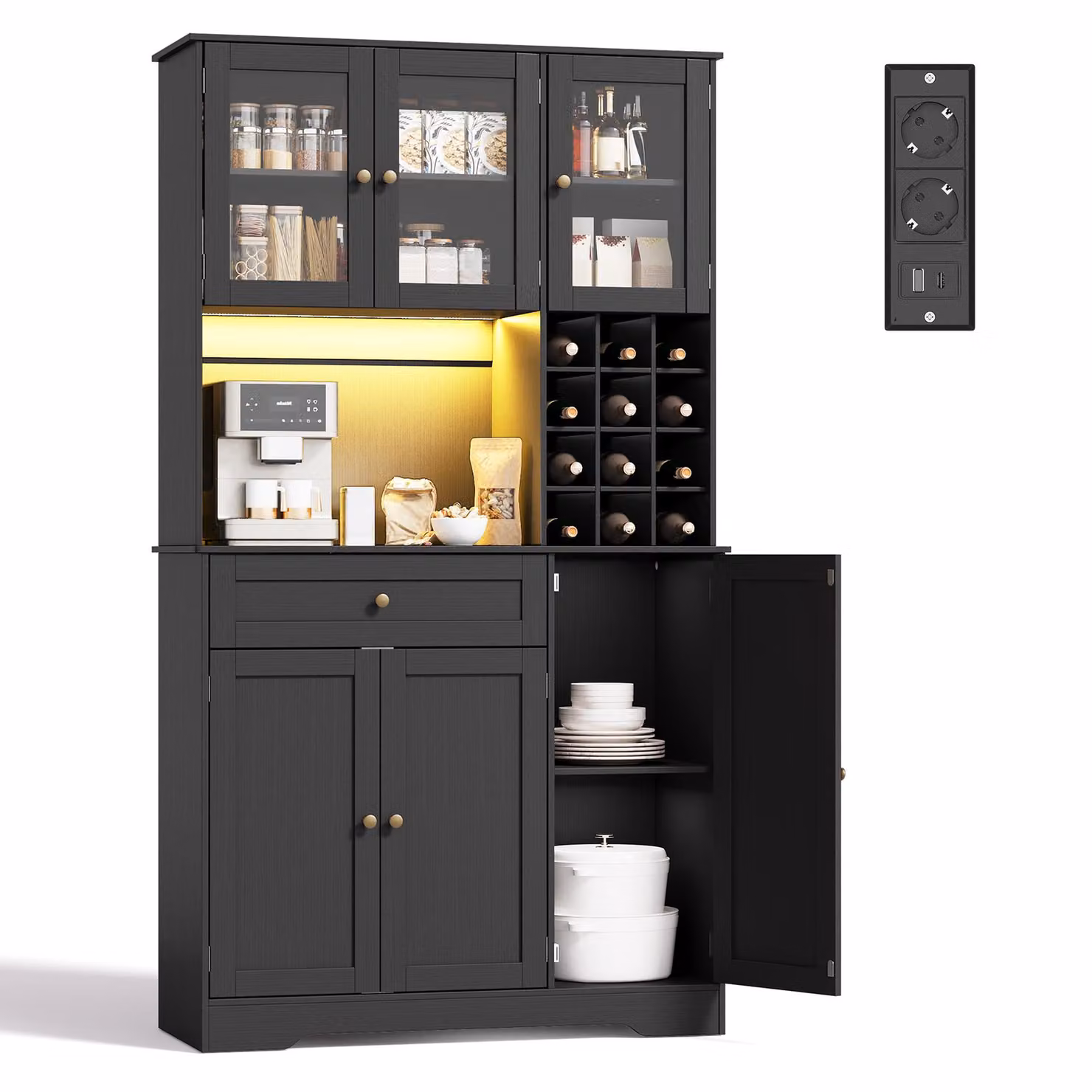 Armadio alto per cucina BEALIFE, dimensioni 100x40x180 cm, con illuminazione a LED, presa di corrente e portabottiglie | Nero | AP134