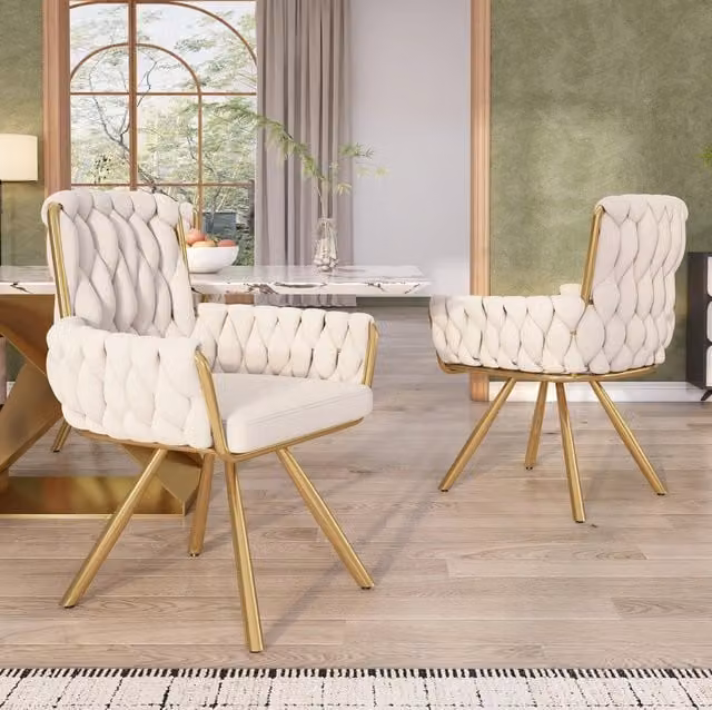Set di 4 sedie girevoli in velluto beige con schienale alto e braccioli