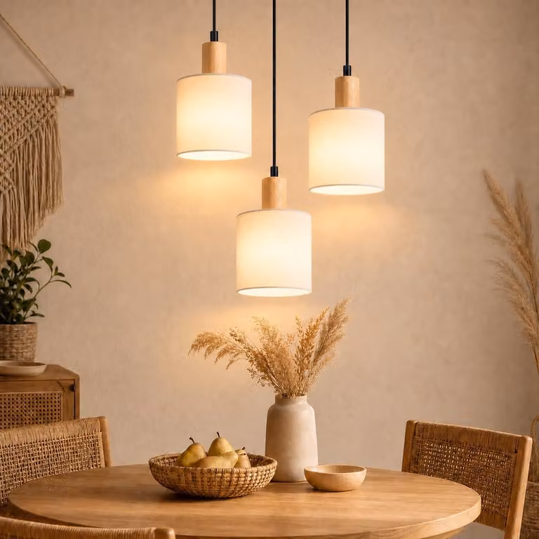 Lampada a sospensione a 3 luci, in legno, forma circolare, stile vintage, attacco E14, con altezza regolabile