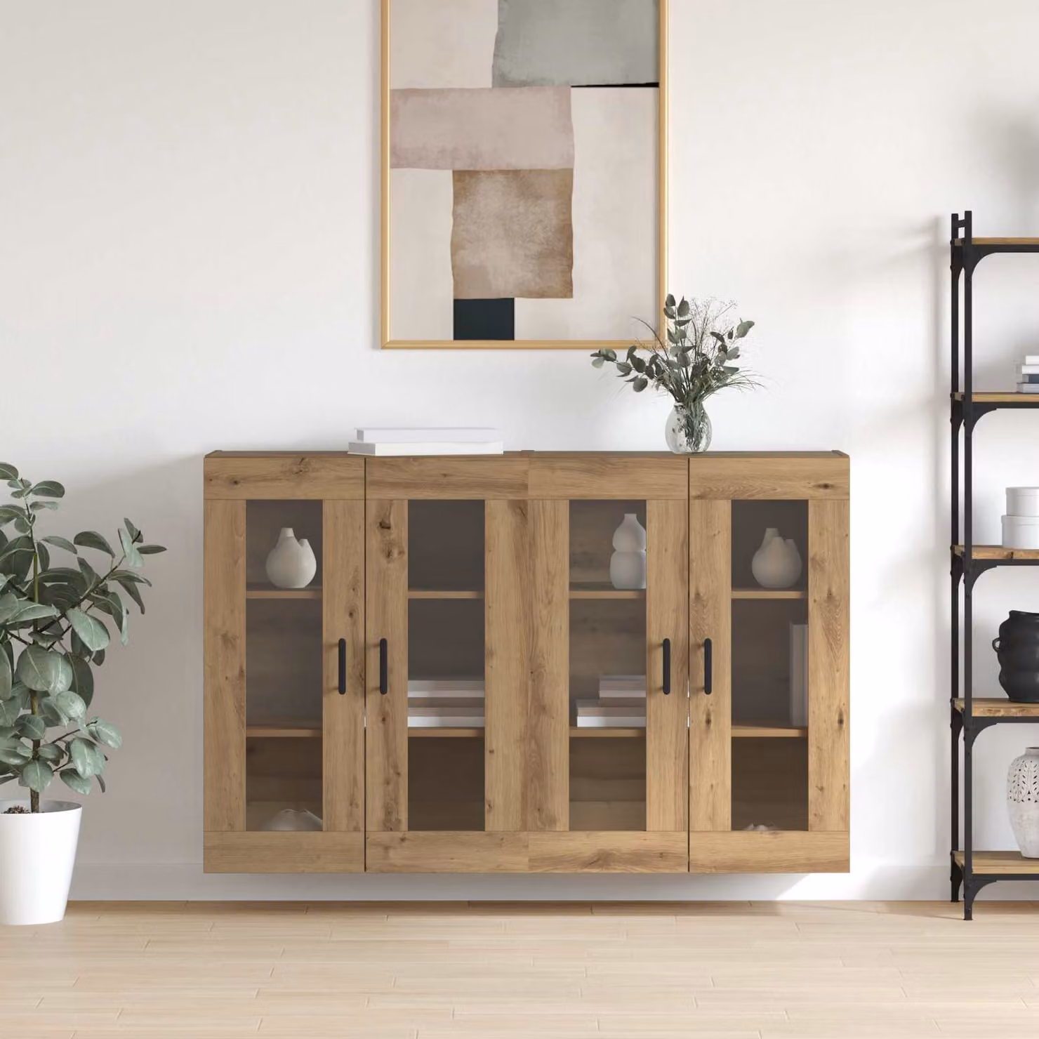 Set di 2 armadi da muro vidaXL in rovere marrone con ante in vetro e ripiani interni, L: 69,5 cm, P: 34 cm, H: 90 cm – 1