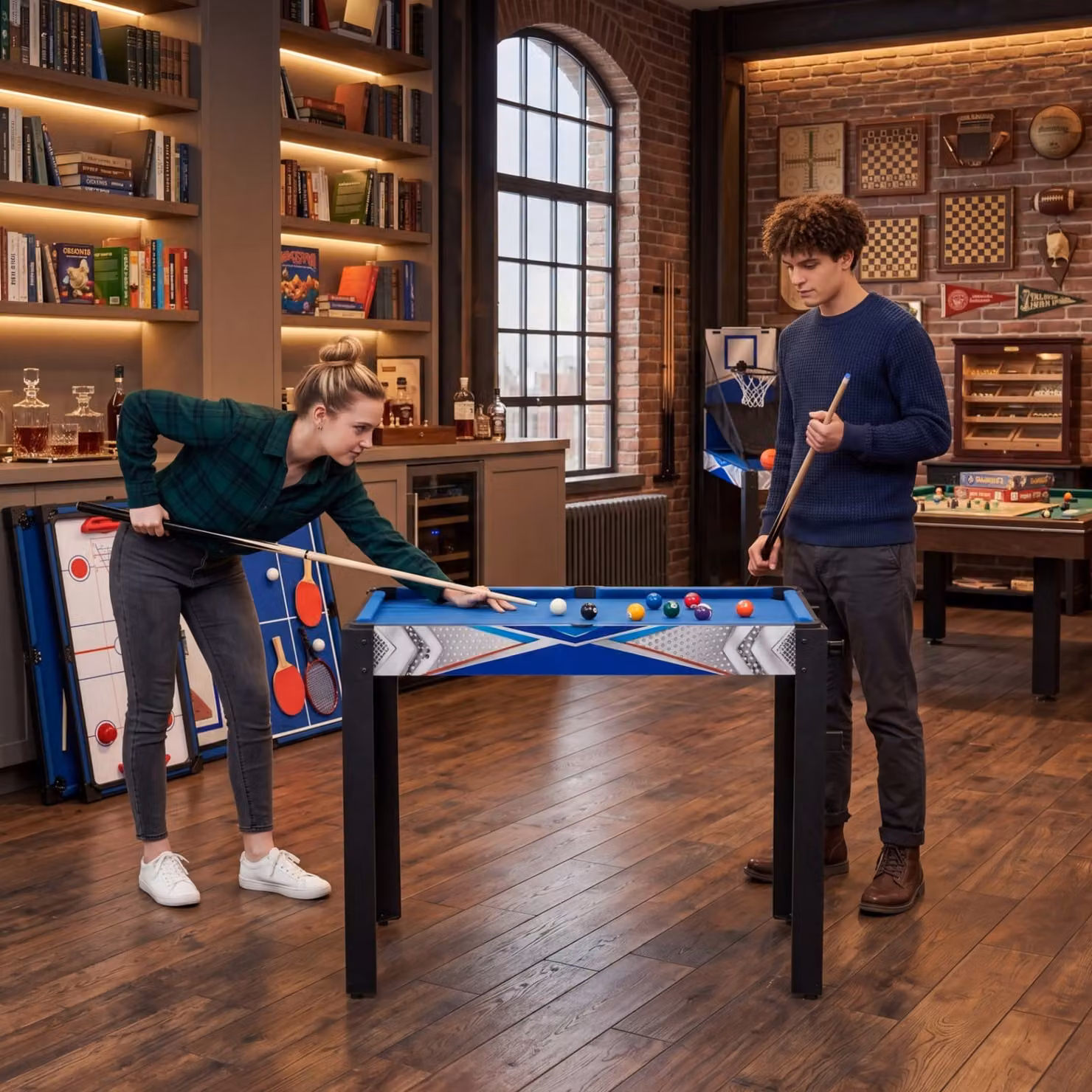 Costway Tavolo da gioco 6-in-1 per bambini con basket, biliardo, ping pong e hockey, set multi-gioco salvaspazio colore blu