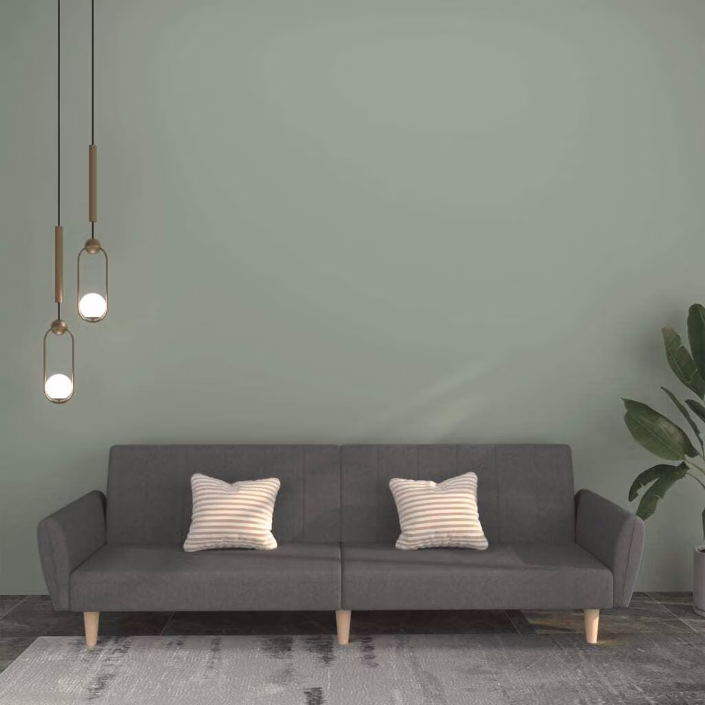 Divano letto 2 posti, colore grigio chiaro, rivestito in tessuto, modello esclusivo
