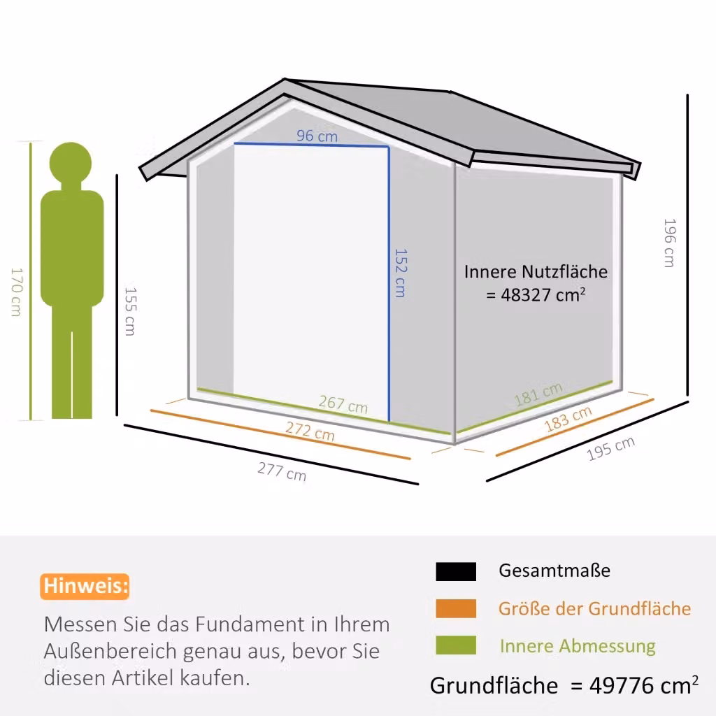 Casetta da giardino WISHDOR in acciaio grigio con doppia porta scorrevole e ventilazione laterale, L: 277 cm, P: 195 cm, H: 192 cm – 2