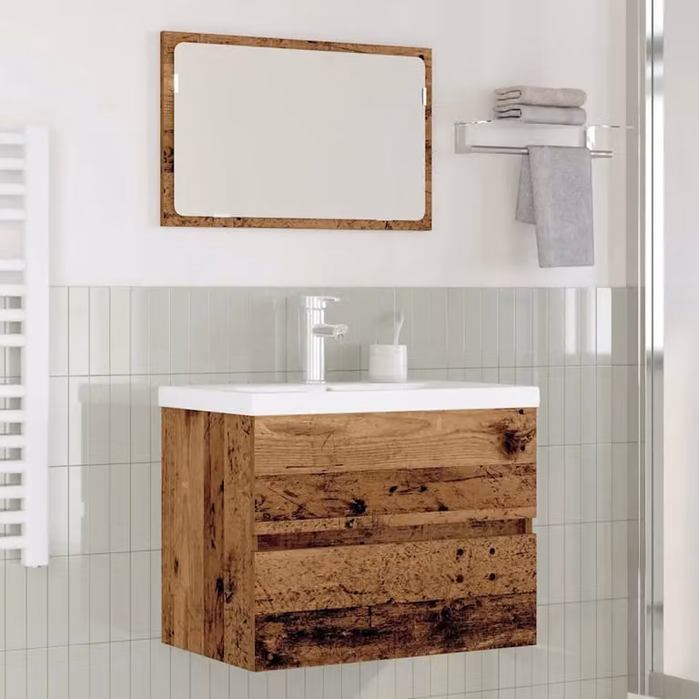 Set di mobili per il bagno moderno vidaXL in legno e metallo marrone, composto da 3 pezzi con mobile lavabo e armadietto con specchio, L/P/H: 61,0 x 39,0 x 45,0 cm