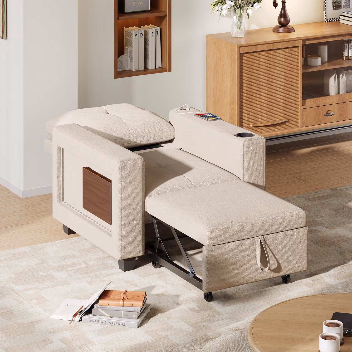 UnboxG Divano letto 3-in-1 Beige – Divano letto estensibile con funzione letto, schienale regolabile in 5 posizioni, porta USB, tavolino pieghevole e poggiapiedi