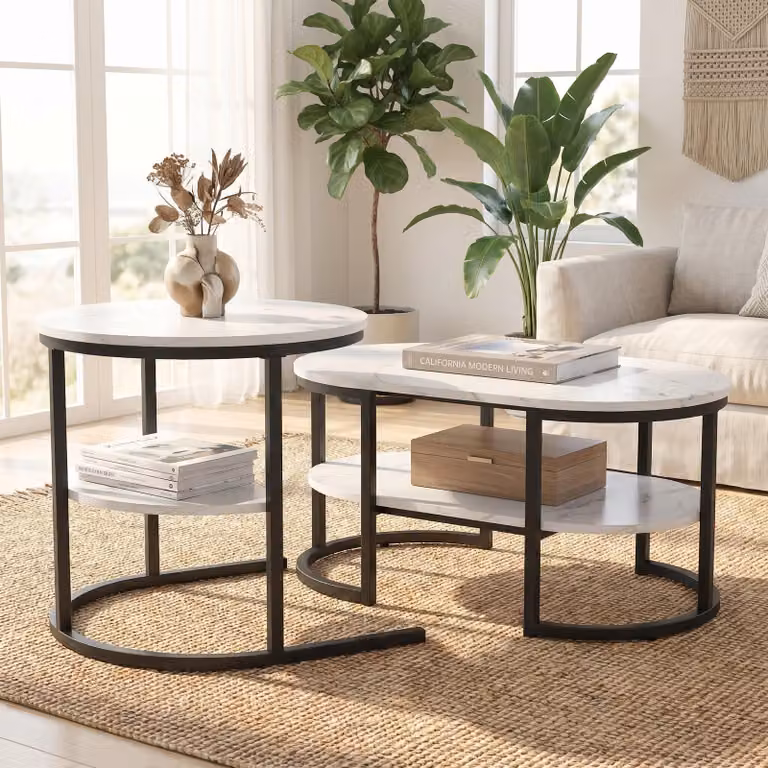 INONEFT, set di 2 tavolini da caffè con aspetto marmorizzato, tavolino ovale con spazio contenitivo, tavolino per il soggiorno con struttura in metallo, set di tavolini, tavolino da divano, bianco/nero