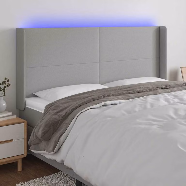 Testiera per letto vidaXL in tessuto grigio con illuminazione LED e porta USB, L: 183 cm, P: 16 cm, H: 118/128 cm