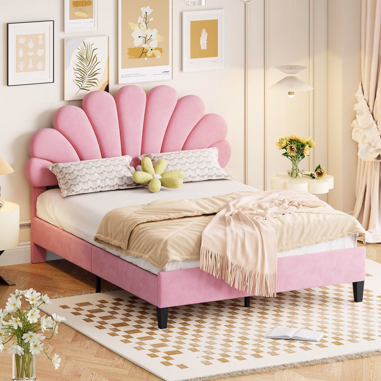 Letto imbottito letto matrimoniale 140 x 200 cm, struttura letto con testata a forma di fiore e rete a doghe, letto per ospiti rosa
