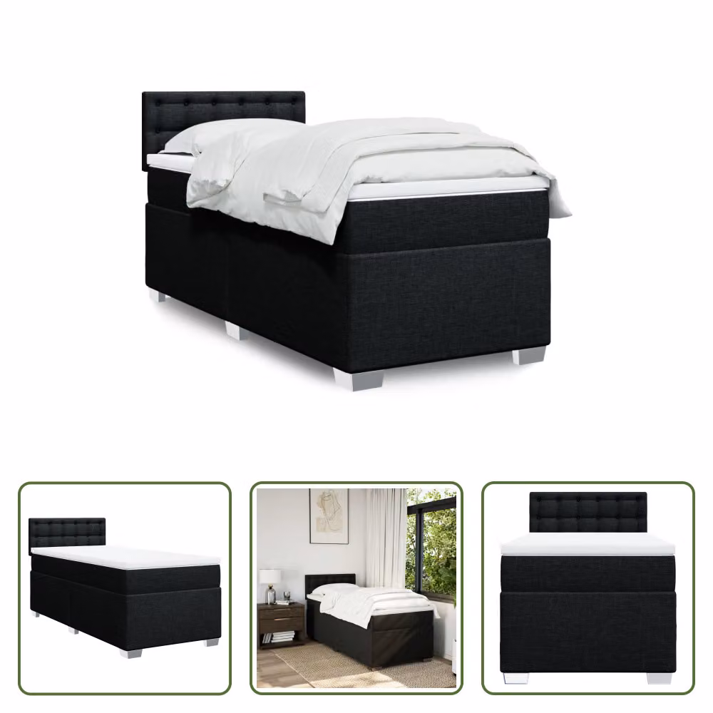 The Living Store Letto a molle con materasso nero 80x200 cm in tessuto