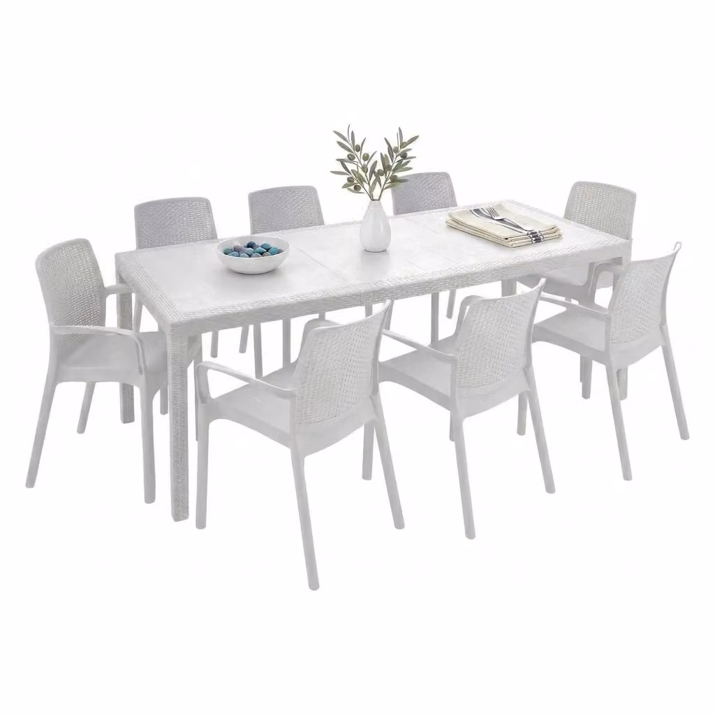 Set salotto da esterno Arret DMORA con tavolo rettangolare allungabile e 8 sedie con braccioli, Bianco – 2