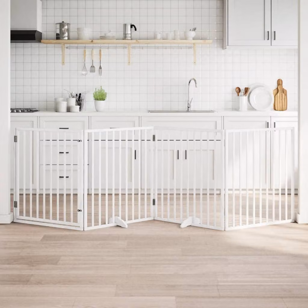 vidaXL Cancelletto per cani in legno di pioppo con 4 pannelli e porta pieghevole, Bianco, L: 320 cm