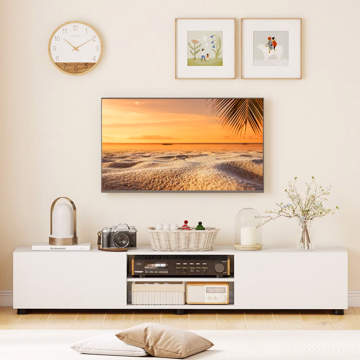 Mobile porta TV Costway bianco con 2 mobiletti e 2 ripiani aperti per schermi fino a 70 pollici, L 160 x P 35 x H 30 cm