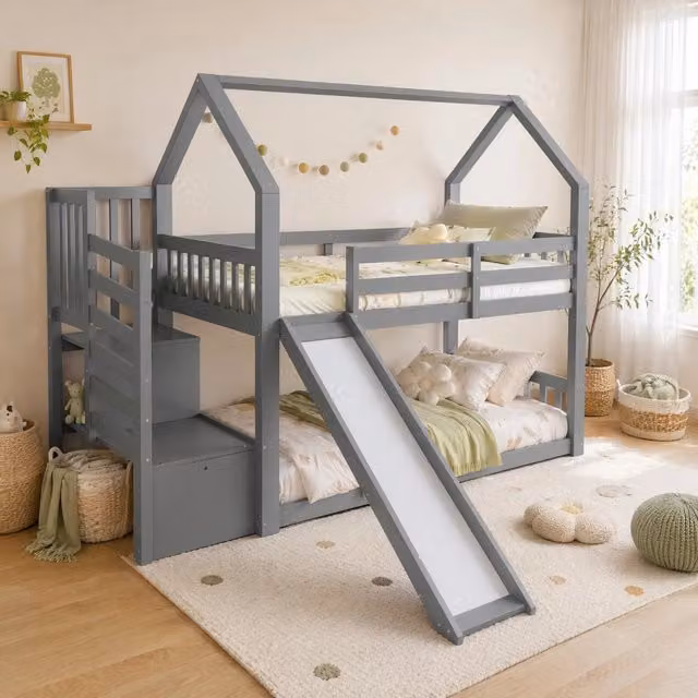 Letto a castello Mivray per bambini con struttura a casetta, scala contenitore e scivolo, colore grigio, L/P/H: 200 x 90 x 183 cm